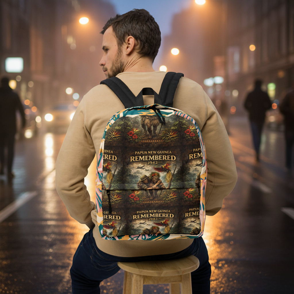 Man wearing a backpack with a nature-themed design on a gray background
