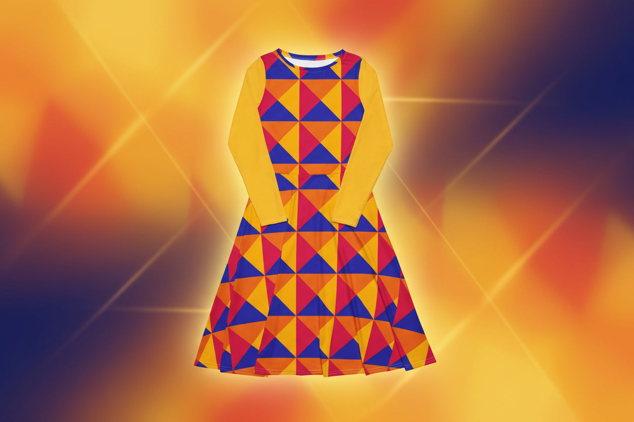 Colorful geometric patterned dress with yellow sleeves on a white background