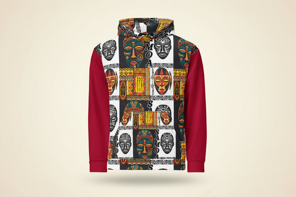 Hoodie with colorful mask pattern and red sleeves on a white background