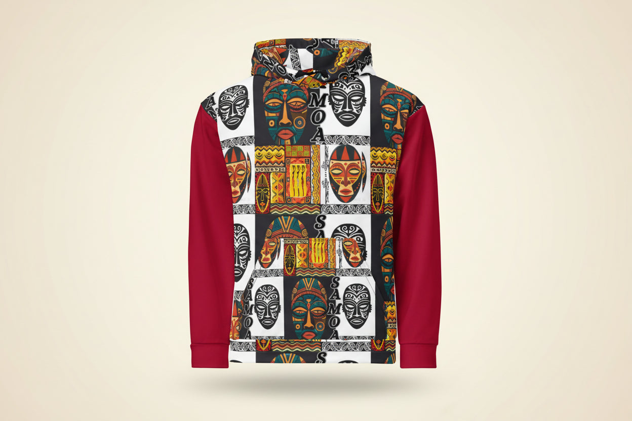 Hoodie with colorful mask pattern and red sleeves on a white background