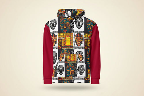 Hoodie with colorful mask pattern and red sleeves on a white background
