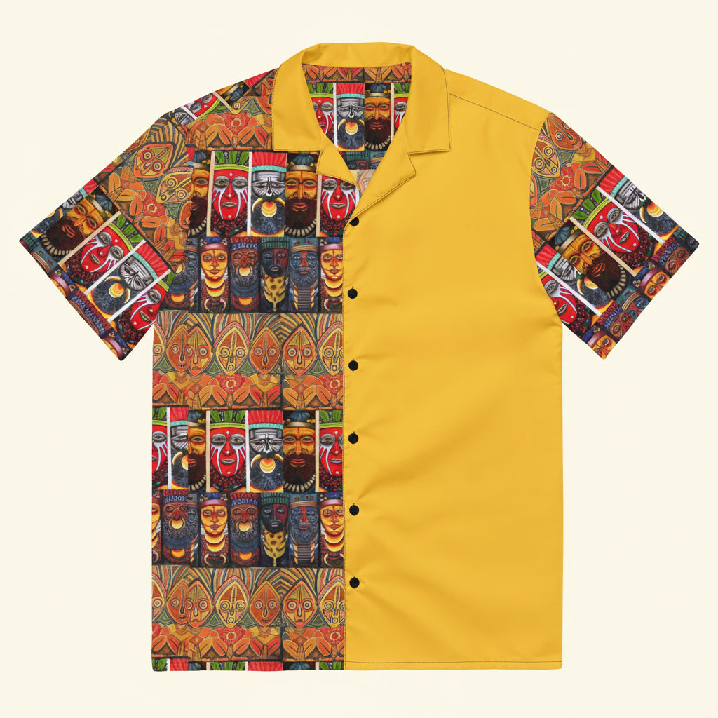 Yellow shirt with colorful tribal pattern on a white background