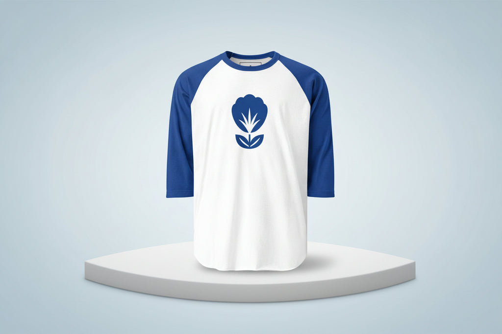 Baseball shirt with blue and white design on a white background