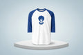 Baseball shirt with blue and white design on a white background