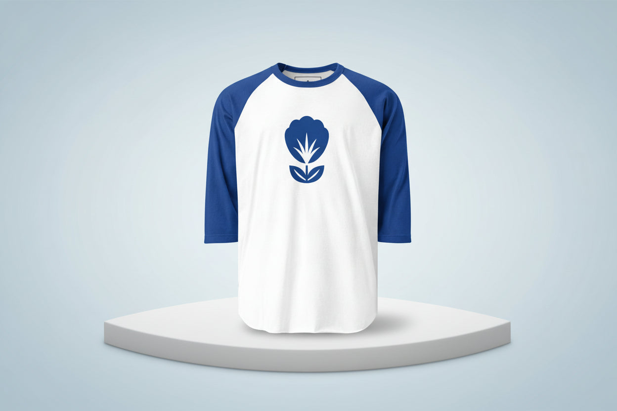 Baseball shirt with blue and white design on a white background