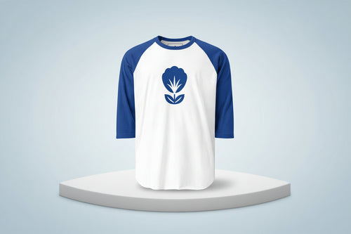 Baseball shirt with blue and white design on a white background