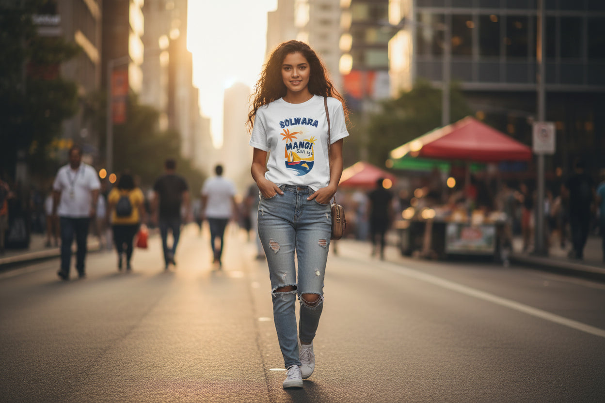 Heavy white Unisex Tee , For a beautiful glowing street walk for teens , designs by Silion Baso.