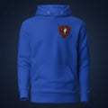 Blue hoodie with a heart-shaped design on the chest against a white background