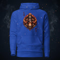 Blue hoodie with a fiery graphic design on a white background