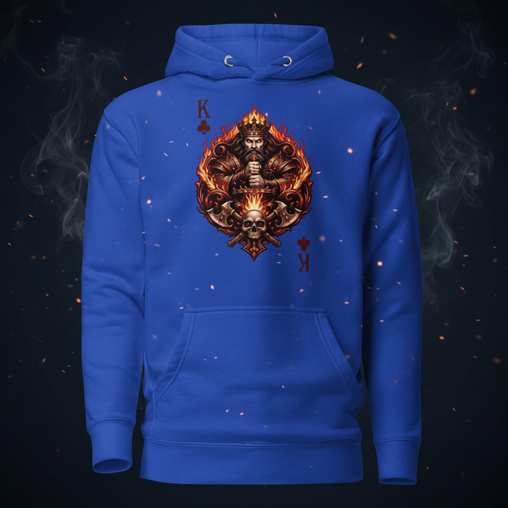 Blue hoodie with a fiery graphic design on a white background
